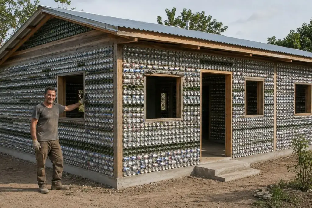 Adeus tijolo comum: após 35 anos erguendo casas para os outros, pedreiro passa 6 anos juntando 10,8 mil garrafas de vidro e 8 mil latinhas e constrói a casa própria onde cria as duas filhas em Xanxerê (SC)