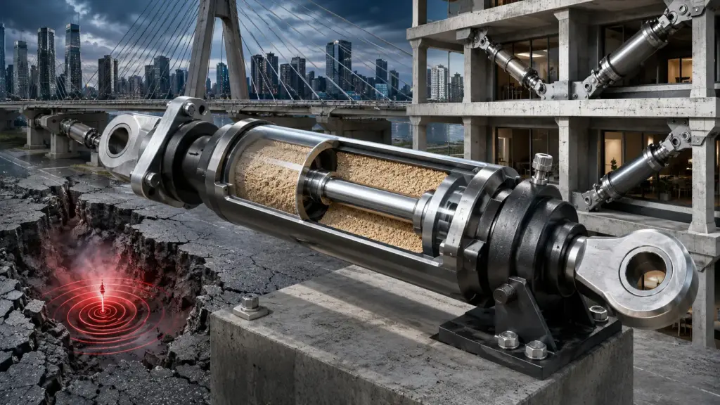 Engenheiros testam amortecedor de areia pressurizada que dispensa óleo, resiste a temperaturas extremas e pode proteger arranha-céus e pontes contra terremotos e ventos fortes com manutenção feita em poucas horas
