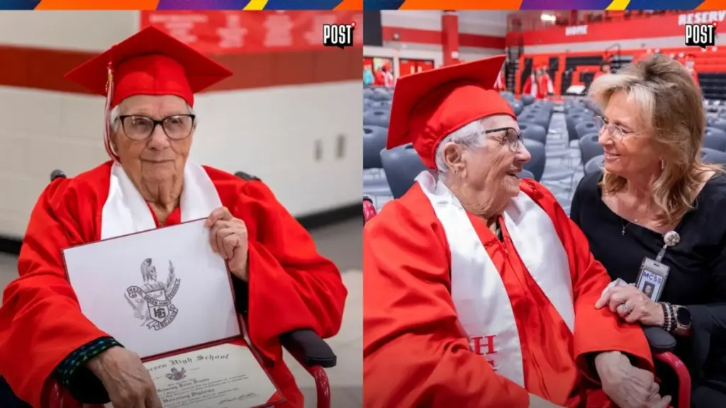 Aos 102 anos, Mulher recebe diploma honorário do ensino médio mais de oito décadas depois de deixar a escola aos 15 para trabalhar e ajudar no sustento da família durante o período da Segunda Guerra, encerrando simbolicamente uma etapa que permaneceu pendente por quase toda a vida