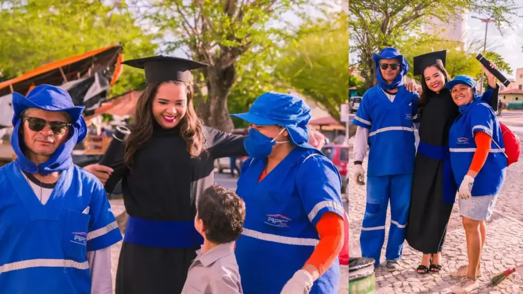 Aos 18 anos, filha de garis faz o ensaio de formatura nas próprias ruas que os pais varrem e revela que caminhava duas horas a pé até a escola para poder estudar em Quixadá