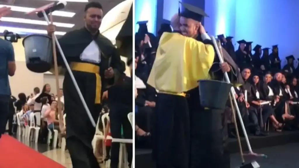 Aos 24 anos, ex-faxineiro sobe ao palco da formatura com balde, rodo e vassoura nas mãos, relembra os 6 anos em que trabalhou na limpeza para pagar a faculdade e transforma o diploma de Jornalismo em um reconhecimento público à profissão que sustentou seu sonho