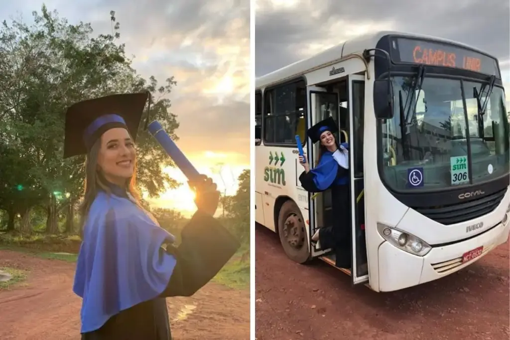 Formanda em Psicologia sobe no mesmo ônibus da linha Campus Unir que pegou durante 5 anos para chegar à faculdade, veste a beca dentro do coletivo e transforma o transporte público de Porto Velho no cenário do ensaio de formatura
