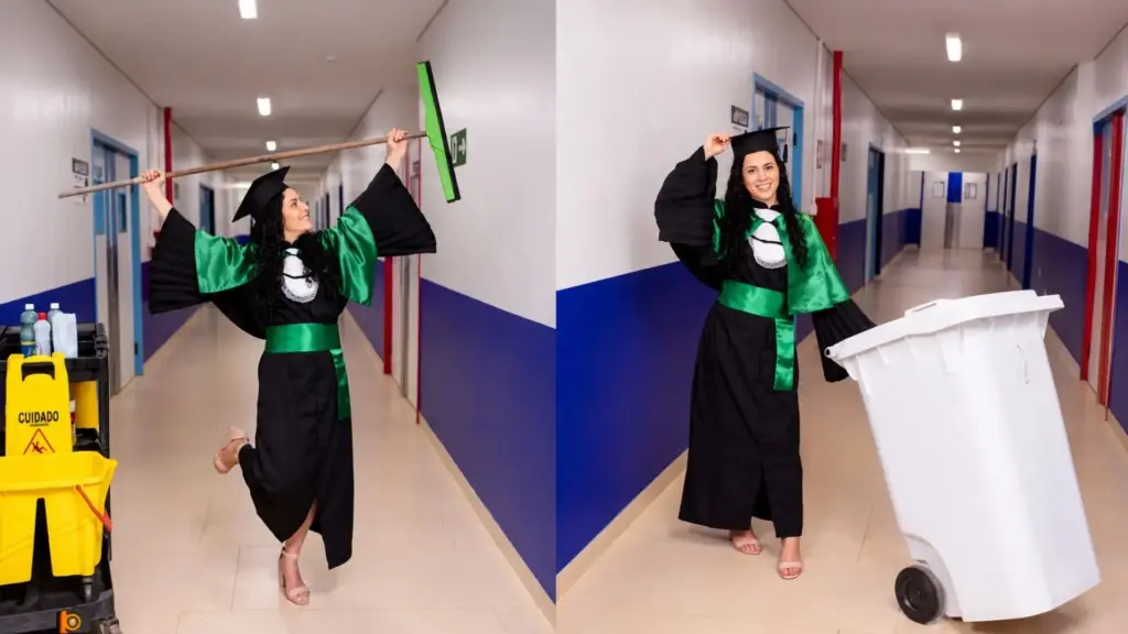 Aos 30 anos, zeladora que passou cinco anos limpando os corredores do Hospital para pagar a própria faculdade veste a beca no próprio local de trabalho, posa com o rodo e o carrinho de limpeza nas mãos e transforma o ensaio de formatura em Educação Física num tributo ao emprego que bancou o diploma Aos 30 anos, zeladora que passou cinco anos limpando os corredores do Hospital para pagar a própria faculdade veste a beca no próprio local de trabalho, posa com o rodo e o carrinho de limpeza nas mãos e transforma o ensaio de formatura em Educação Física num tributo ao emprego que bancou o diploma