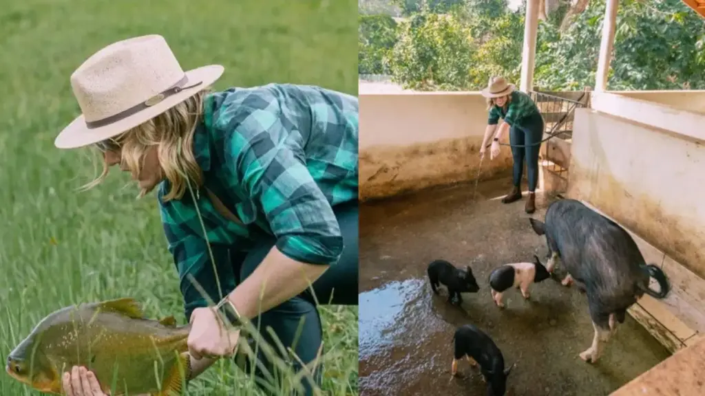 Aos 36 anos, Naiara Azevedo troca parte da rotina dos palcos por uma fazenda a 60 quilômetros de Goiânia, dirige trator, cultiva horta com temperos, cria cavalos, cabras, porcos e galinhas e mantém mais de 20 cães em propriedade batizada de Fazenda 50 Reais Aos 36 anos, Naiara Azevedo troca parte da rotina dos palcos por uma fazenda a 60 quilômetros de Goiânia, dirige trator, cultiva horta com temperos, cria cavalos, cabras, porcos e galinhas e mantém mais de 20 cães em propriedade batizada de Fazenda 50 Reais