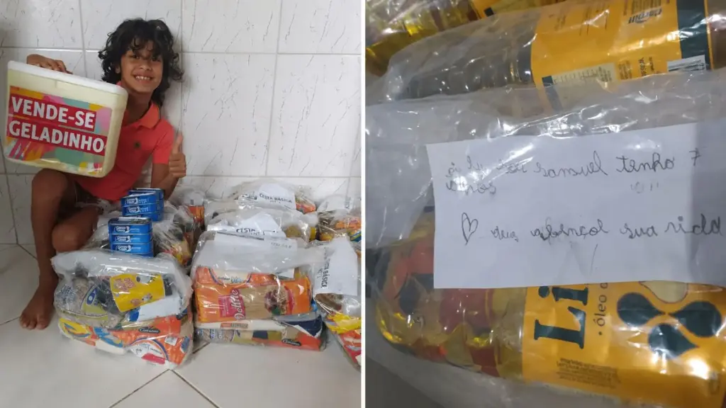 Aos 7 anos, Samuel Soares pede à mãe para vender geladinhos, passa dois meses juntando dinheiro, transforma a arrecadação em cinco cestas básicas reforçadas e ainda escreve bilhetes à mão para cada família atendida, explicando que queria ajudar pessoas que não tinham o que comer