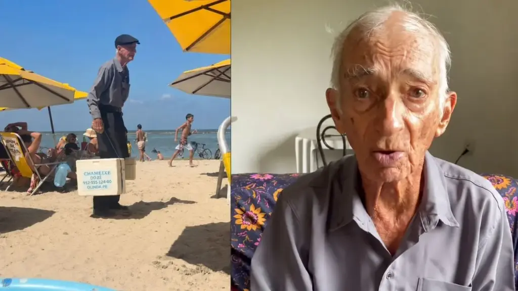 Aos 85 anos, fotógrafo aposentado passou a vender pudins na praia de Olinda para conseguir dinheiro para exames de saúde, foi filmado carregando caixas de isopor entre os banhistas, viralizou e passou a receber ajuda por Pix de pessoas de várias partes do Brasil