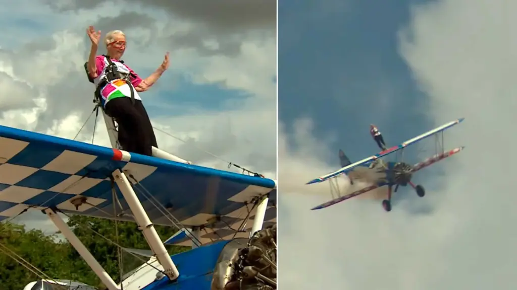 Aos 97 anos e um ano após sofrer um AVC, mulher sobe presa à asa de um avião, enfrenta um looping a cerca de 225 km/h, quebra o próprio recorde mundial e transforma o voo em uma arrecadação para o hospital que ajudou a salvar sua vida