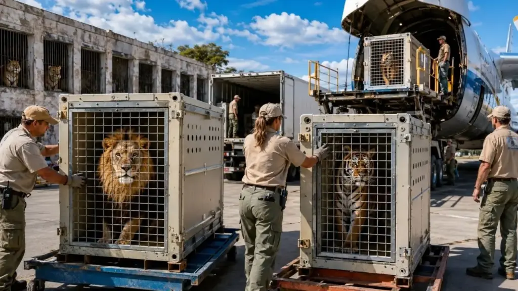 Após anos em jaulas de concreto de zoológico fechado na Argentina, 30 leões e tigres começaram uma operação internacional de resgate com aviões e caixas especiais para viajar até santuários na África do Sul e nos Estados Unidos, enquanto outros grandes felinos ainda aguardam destino definitivo em Luján Após anos em jaulas de concreto de zoológico fechado na Argentina, 30 leões e tigres começaram uma operação internacional de resgate com aviões e caixas especiais para viajar até santuários na África do Sul e nos Estados Unidos, enquanto outros grandes felinos ainda aguardam destino definitivo em Luján