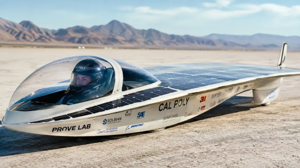 Estudantes passaram três anos construindo um carro coberto por células solares, enfrentaram falhas elétricas, levaram o protótipo ao deserto da Califórnia e conseguiram atingir 82 km/h, ficando perto do recorde mundial de 90 km/h Estudantes passaram três anos construindo um carro coberto por células solares, enfrentaram falhas elétricas, levaram o protótipo ao deserto da Califórnia e conseguiram atingir 82 km/h, ficando perto do recorde mundial de 90 km/h