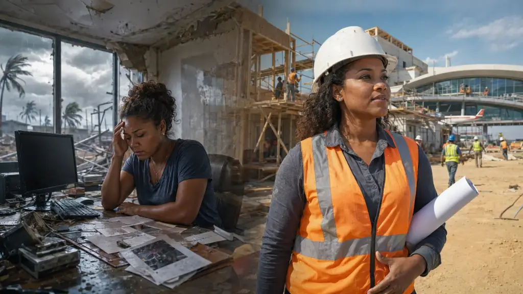 Furacão destruiu a empresa onde mulher trabalhava como designer gráfica, ela fez seis meses de elétrica, hidráulica e alvenaria e acabou reconstruindo casas e trabalhando nas obras de um aeroporto caribenho