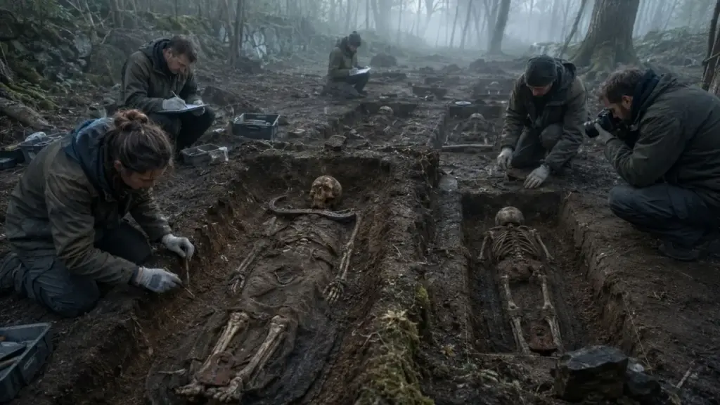 Arqueólogos encontram cemitério de “vampiros” de 400 anos na Polônia com mais de 100 sepulturas, pelo menos 30 delas preparadas para impedir que os mortos retornassem, incluindo uma jovem com foice no pescoço, cadeado no dedo do pé e uma criança enterrada de bruços Arqueólogos encontram cemitério de “vampiros” de 400 anos na Polônia com mais de 100 sepulturas, pelo menos 30 delas preparadas para impedir que os mortos retornassem, incluindo uma jovem com foice no pescoço, cadeado no dedo do pé e uma criança enterrada de bruços