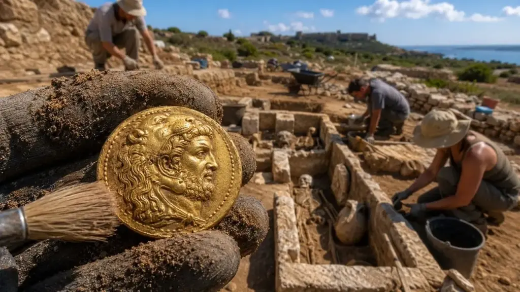 Arqueólogos encontram na Sicília uma rara moeda de ouro de mais de 2.400 anos dentro de antiga necrópole grega: peça traz Hércules usando a pele do Leão de Nemeia, foi cunhada em Siracusa durante a invasão cartaginesa e pode ter ajudado a financiar a guerra no final do século V a.C.