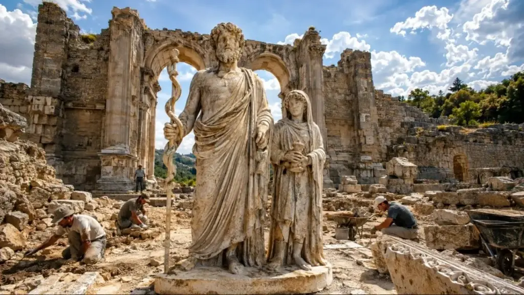Arqueólogos encontram na Turquia escultura de mármore de 1.800 anos com Asclépio e Telésforo, deuses ligados à medicina e à recuperação, em conjunto de 2,2 metros descoberto entre escombros de um portão monumental romano que revela como saúde, cura e religião faziam parte da vida pública em Aspendos