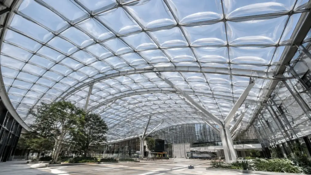 Arquitetos aposentaram o vidro pesado trocando-o por almofadas de ar que se inflam como travesseiros transparentes, deixam a luz passar e não amarelam com o tempo, e que na mesma cobertura pesam apenas cerca de 1% do que pesaria o vidro
