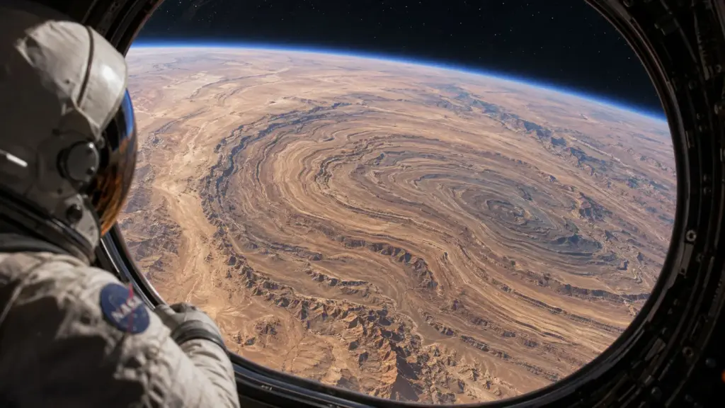 Astronauta olha para o Irã e registra do espaço uma paisagem que parece uma gigantesca cebola cortada: centenas de camadas de rocha dobradas e erodidas formam curvas visíveis por 105 km no coração do deserto Astronauta olha para o Irã e registra do espaço uma paisagem que parece uma gigantesca cebola cortada: centenas de camadas de rocha dobradas e erodidas formam curvas visíveis por 105 km no coração do deserto