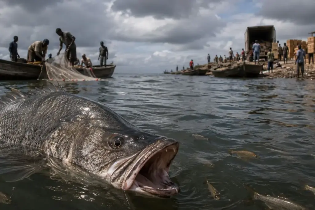 Autoridades britânicas soltaram um peixe predador no maior lago da África para turbinar a pesca, a espécie de 180 quilos dizimou os peixes nativos, virou exportação que só perde para o café e obrigou o presidente a mandar o exército