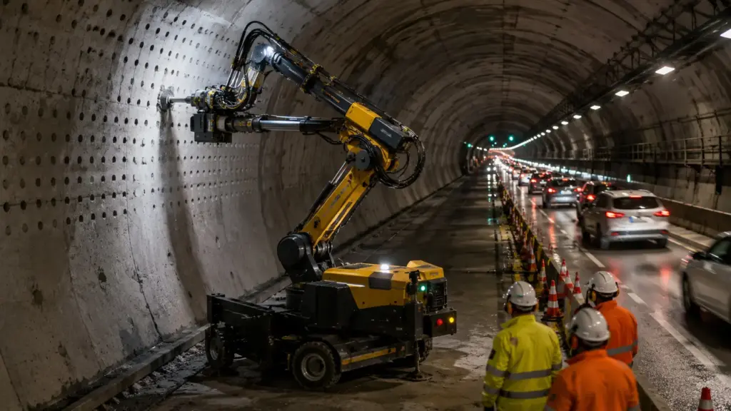 Robô substitui cinco trabalhadores dentro de túnel que recebe mais de 100 mil carros por dia, perfura 8.960 pontos no concreto, alcança 7,5 metros de altura e trabalha por mais de 8 horas numa tarefa que humanos só suportavam por 90 minutos