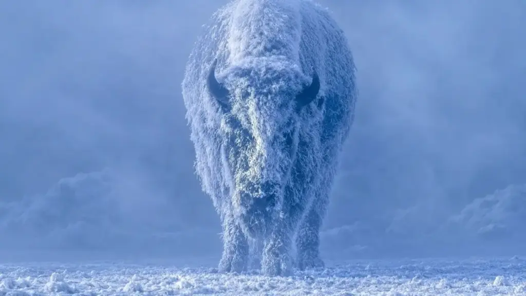 Bisões de até 900 kg enfrentam nevascas de frente em vez de virar as costas para o vento, suportam temperaturas de até -62°C e contam com cerca de 19,3 mil pelos por polegada quadrada, proteção natural 4,5 vezes mais densa que a do gado para resistir ao frio extremo Bisões de até 900 kg enfrentam nevascas de frente em vez de virar as costas para o vento, suportam temperaturas de até -62°C e contam com cerca de 19,3 mil pelos por polegada quadrada, proteção natural 4,5 vezes mais densa que a do gado para resistir ao frio extremo