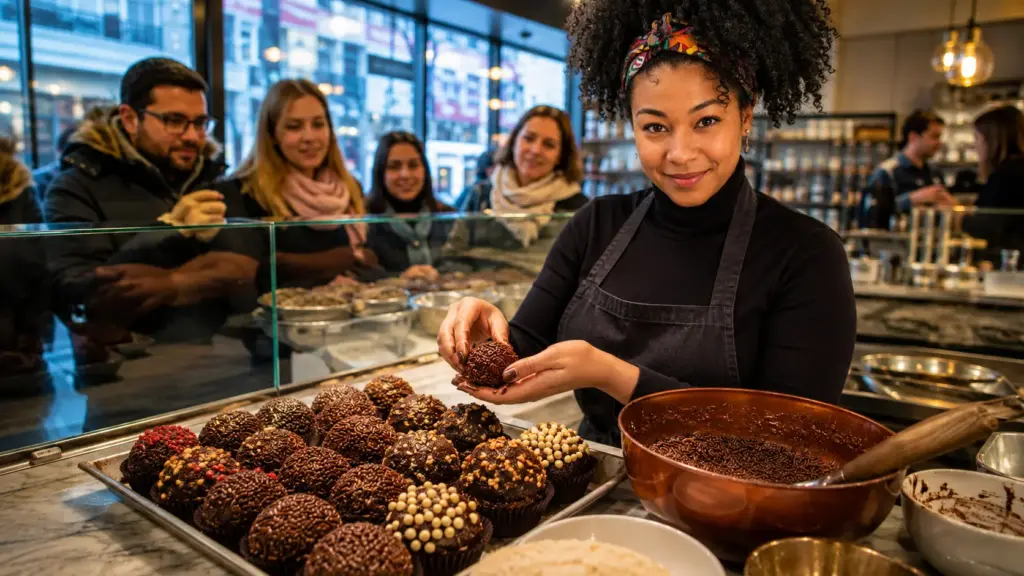 Brasileira começou vendendo brigadeiros em Toronto pela internet, abriu loja com cozinha à vista e transformou preparo e embalagens em parte da experiência Brasileira começou vendendo brigadeiros em Toronto pela internet, abriu loja com cozinha à vista e transformou preparo e embalagens em parte da experiência