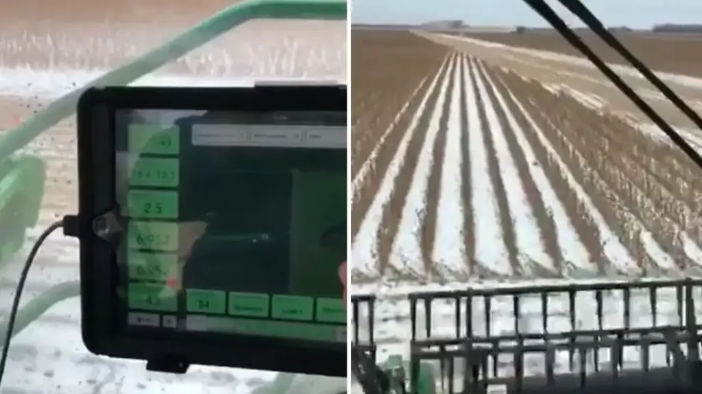 Brasileiro entrou com colheitadeira em uma lavoura de soja coberta de neve nos Estados Unidos, encarou frio de até -15 °C e explicou por que precisava colher antes que a neve derretesse: se passasse molhada pela máquina, poderia entupir todas as peneiras Brasileiro entrou com colheitadeira em uma lavoura de soja coberta de neve nos Estados Unidos, encarou frio de até -15 °C e explicou por que precisava colher antes que a neve derretesse: se passasse molhada pela máquina, poderia entupir todas as peneiras