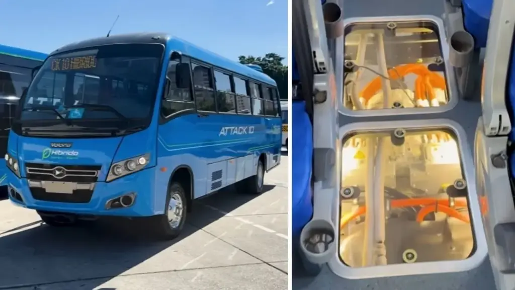 Brasileiros desenvolveram micro-ônibus elétrico que não precisa parar horas para recarregar: um motor 1.0 turbo movido a etanol entra em funcionamento automaticamente quando a bateria baixa, gera eletricidade para continuar a viagem e permite rodar até 650 km sem necessidade de recarga externa Brasileiros desenvolveram micro-ônibus elétrico que não precisa parar horas para recarregar: um motor 1.0 turbo movido a etanol entra em funcionamento automaticamente quando a bateria baixa, gera eletricidade para continuar a viagem e permite rodar até 650 km sem necessidade de recarga externa