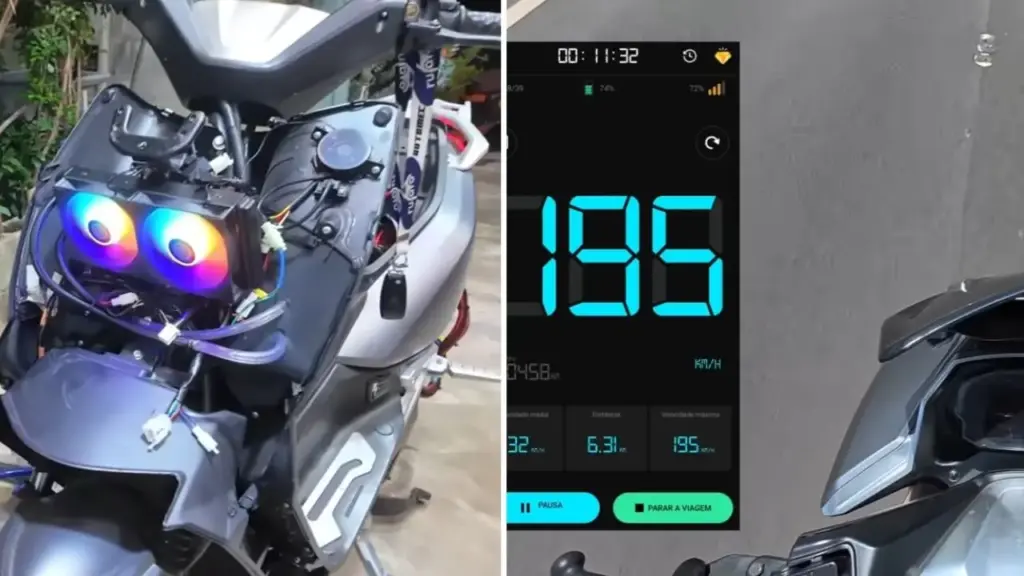 Brasileiros transformam scooter elétrica fraca em máquina de 195 km/h no GPS, usando baterias de Porsche Taycan, controladora chinesa e motor importado, após queimarem motores, refazerem a balança e criarem refrigeração líquida caseira na tentativa de romper a barreira dos 200 km/h em uma pista controlada no México