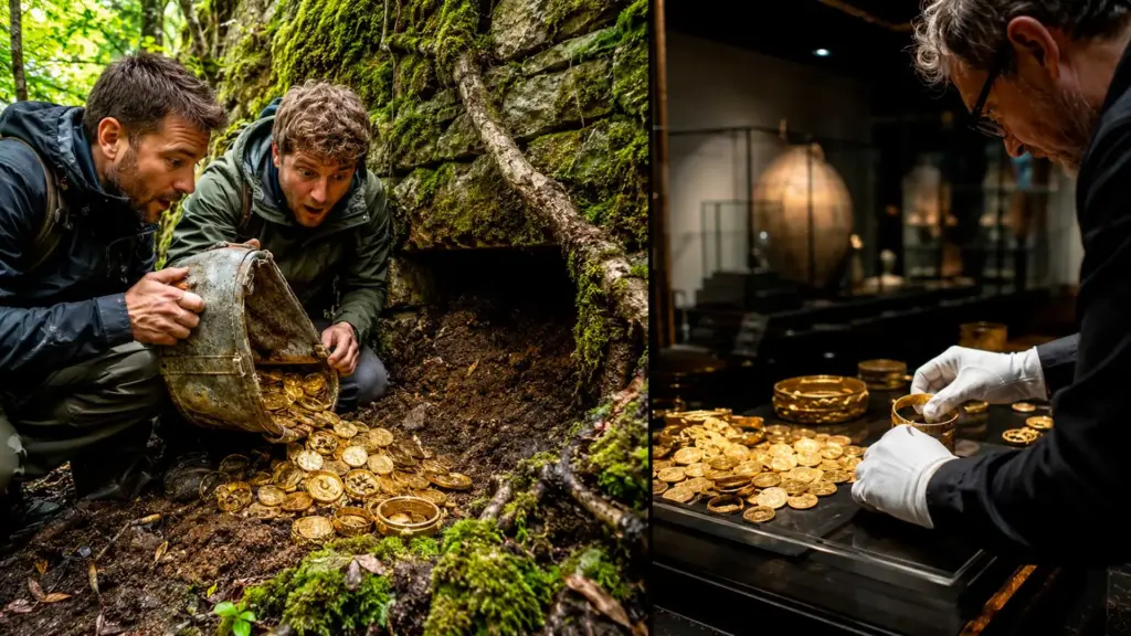 Dois caminhantes veem uma lata de alumínio saindo de um muro no meio da mata, encontram 598 moedas de ouro e joias escondidas há décadas, entregam o tesouro às autoridades e, um ano depois, conquistam o direito de dividir uma recompensa de quase € 500 mil