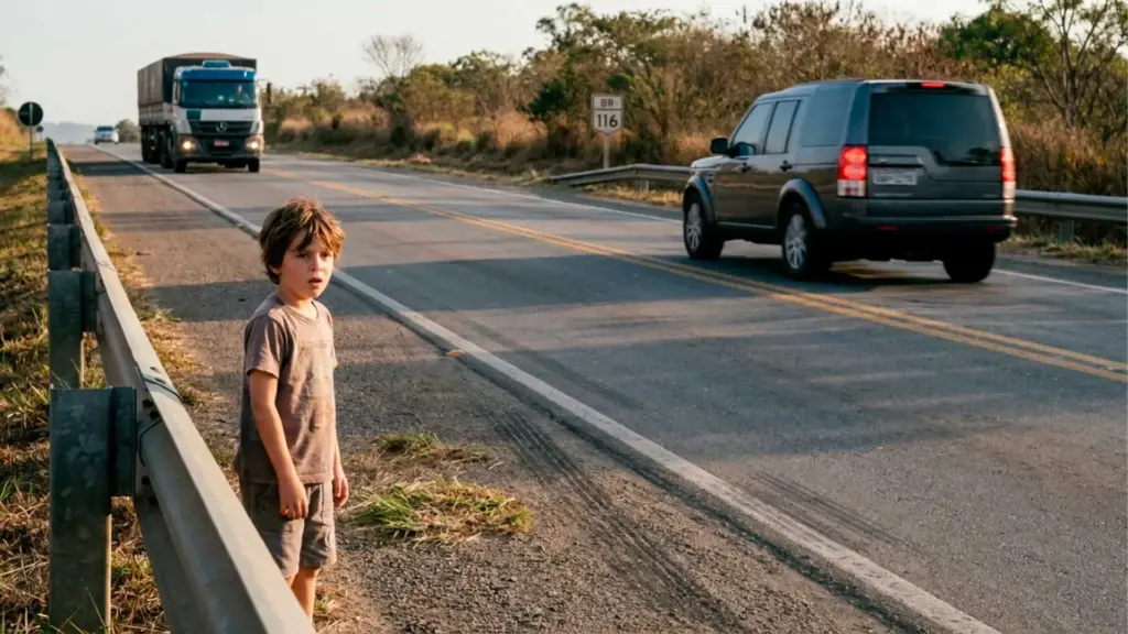 Família para Land Rover na rodovia para urinar e segue viagem sem perceber que filho de 7 anos ficou para trás, caminhoneiro quase tomba carreta ao desviar do menino na Washington Luís, para o veículo, acolhe a criança assustada, dá água e a leva em segurança até a Polícia Rodoviária