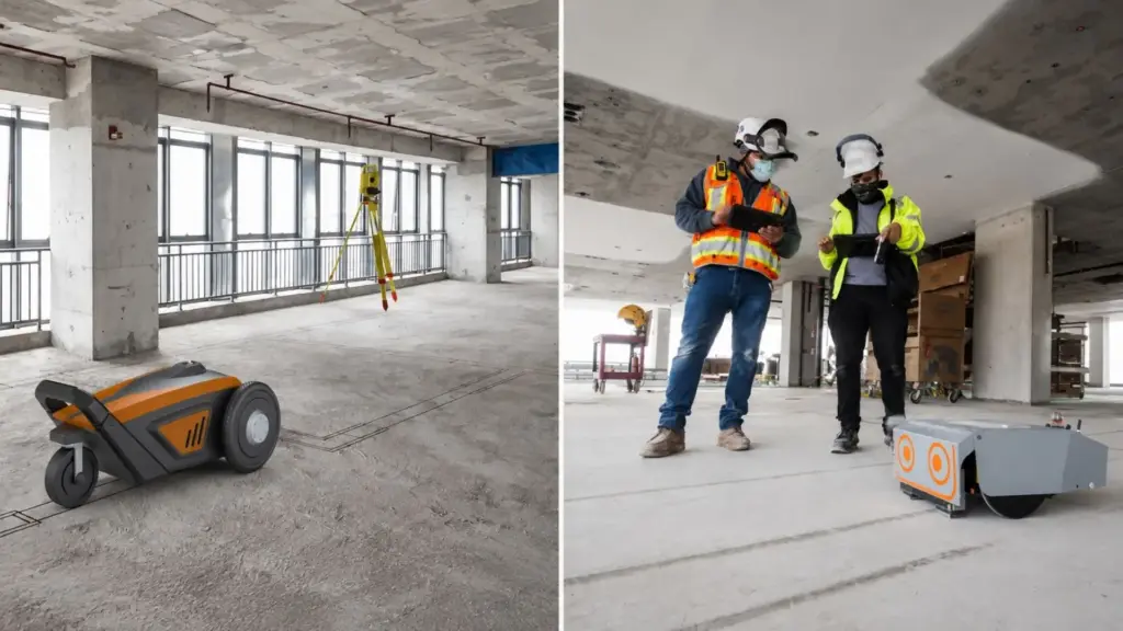 Cansadas de estourar prazo e orçamento, equipes de obra estão trocando a marcação a giz e trena por um robô que imprime a planta inteira no chão, que a fabricante afirma ser dez vezes mais rápido e preciso a menos de dois milímetros