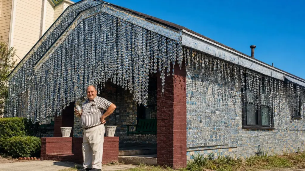 Cansado de cortar grama e pintar parede, um estofador de ferrovia achatou 50 mil latas de cerveja ao longo de 18 anos e cobriu a própria casa com uma armadura de alumínio reluzente em Houston Cansado de cortar grama e pintar parede, um estofador de ferrovia achatou 50 mil latas de cerveja ao longo de 18 anos e cobriu a própria casa com uma armadura de alumínio reluzente em Houston