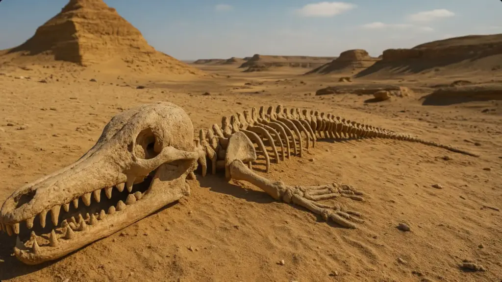 A mega baleia de 3 metros e 600 kg que tinha pernas e caminhava em terra há 43 milhões de anos e seus fósseis foram encontrados no meio do deserto do Egito, onde antes existiam águas rasas