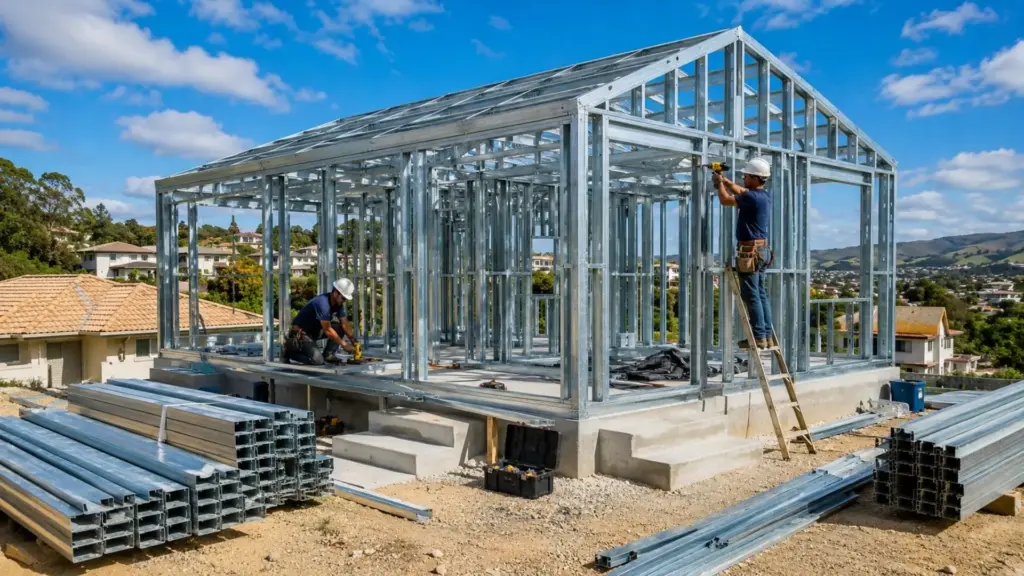 Casa de 2 quartos é concluída em 6 meses com estrutura metálica no lugar do concreto convencional, reduz prazo em 1 mês e gera economia declarada de R$ 24 mil, enquanto sistema com aço galvanizado diminui desperdícios, uso de água e etapas úmidas no canteiro
