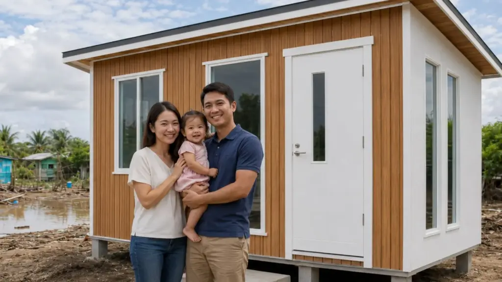 Casal que perdeu a casa de madeira nas enchentes passa 60 dias longe do lar com a filha de 1 ano e 6 meses, recebe unidade modular de 17 m² feita com peças pré-fabricadas encaixadas como Lego e vê a nova moradia ficar pronta em uma semana
