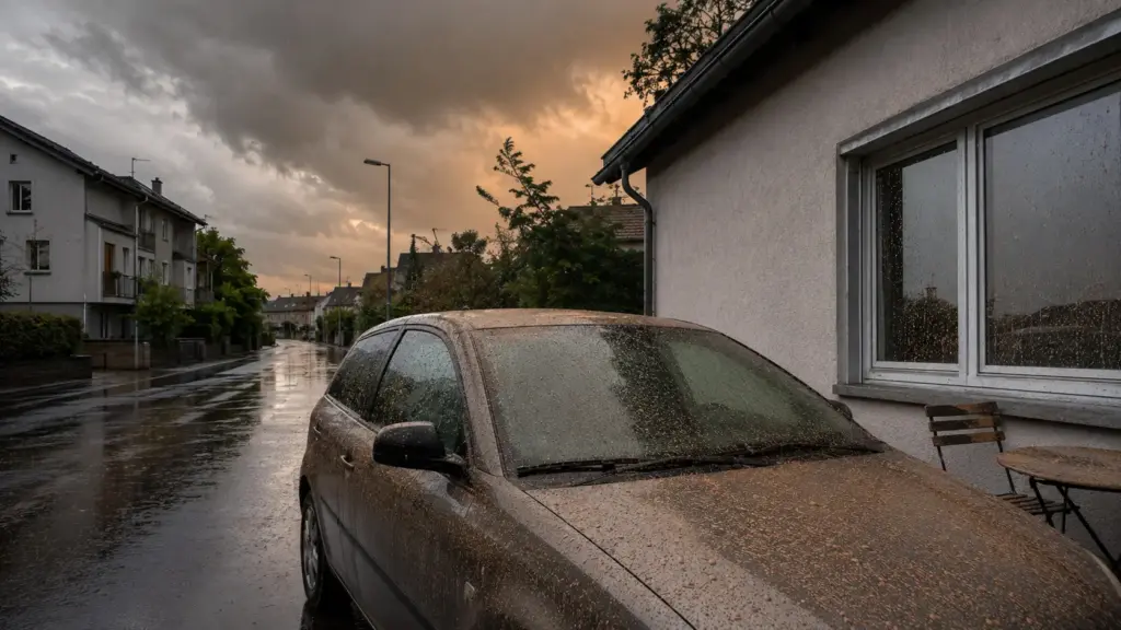 Poeira do Saara pega carona nos ventos, atravessa continentes e encontra tempestades para criar a curiosa “chuva de sangue”, que não tem sangue, mas deixa carros e janelas cobertos por marcas avermelhadas
