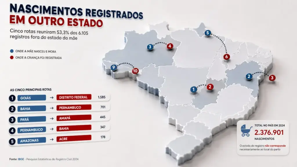 Mais de 6 mil bebês foram registrados fora do estado onde suas mães moravam no Brasil, e cinco rotas interestaduais concentraram mais da metade dos casos em 2024 Mais de 6 mil bebês foram registrados fora do estado onde suas mães moravam no Brasil, e cinco rotas interestaduais concentraram mais da metade dos casos em 2024