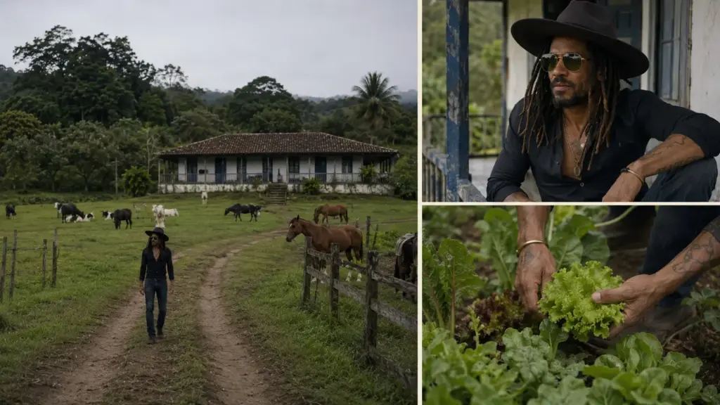 Aos 62 anos, Lenny Kravitz mantém uma fazenda de 400 hectares no interior do Rio, onde restaurou casarão de 1850, preserva plantações orgânicas, produz alimentos retirados da terra e mantém cavalos, bovinos, estúdio musical, heliponto e estrutura para receber até 26 pessoas