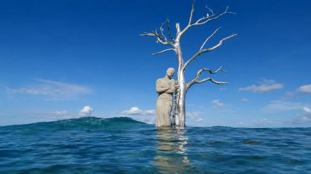 Ilha de quase 50 mil m² sumiu completamente no Pacífico, deixou apenas um tronco sobre o recife e, 12 anos depois, ganhou uma escultura que desaparece com a maré e mostra até onde o oceano pode chegar