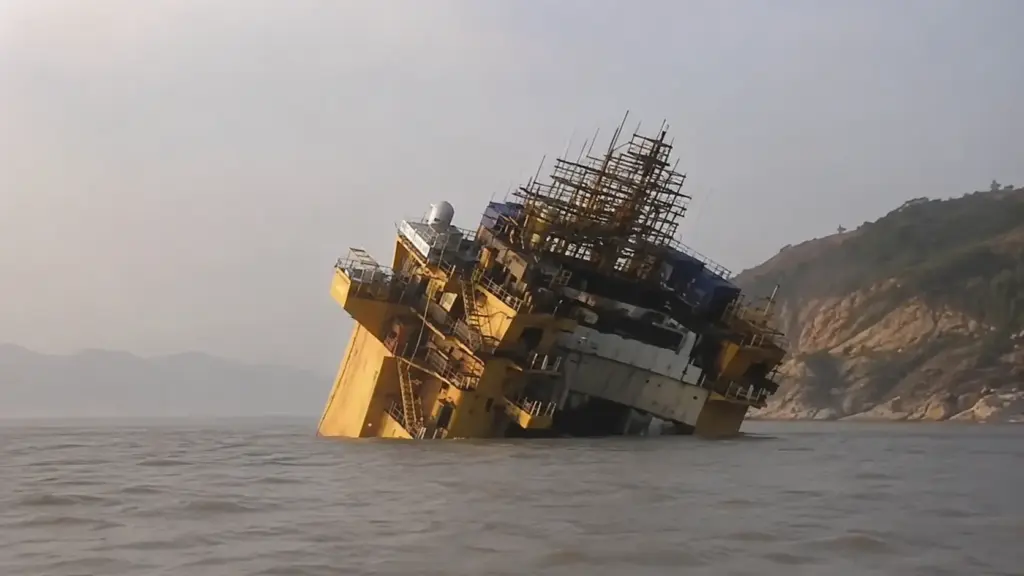 Gigante de 332 metros e capacidade para 8,4 mil contêineres afunda ainda mais na China após resgate fracassar, tem popa submersa e áreas internas inundadas em Zhoushan