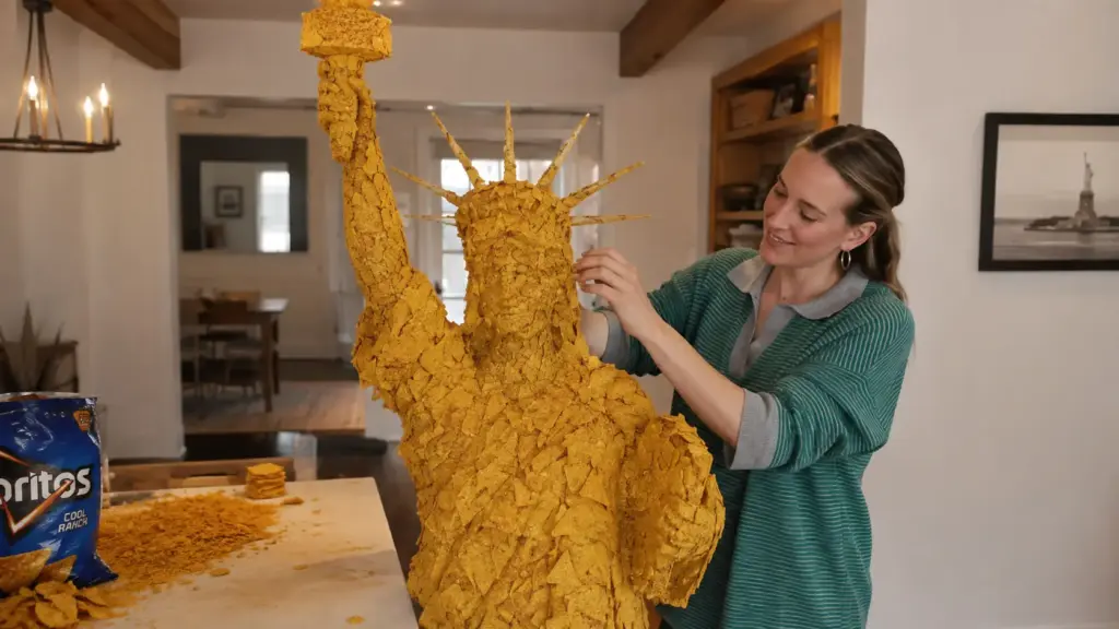 Mãe de quatro filhos passa 75 horas montando Estátua da Liberdade de 2,1 metros com 1.485 Doritos e corre contra o relógio por prêmio de US$ 250 mil Mãe de quatro filhos passa 75 horas montando Estátua da Liberdade de 2,1 metros com 1.485 Doritos e corre contra o relógio por prêmio de US$ 250 mil