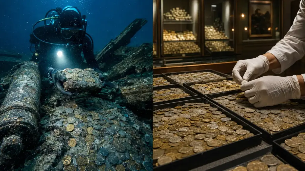 Empresa encontra no fundo do Atlântico 17 toneladas de moedas de ouro e prata avaliadas em US$ 500 milhões, leva o tesouro secretamente para os Estados Unidos e, após quase cinco anos de disputa judicial, recebe ordem para devolver aproximadamente 595 mil peças à Espanha