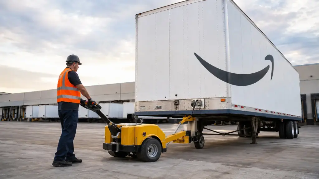 Funcionário da Amazon usa equipamento motorizado para mover carretas gigantes sem caminhão convencional, realiza manobras dentro do centro de distribuição sem motorista comercial e ajuda a empresa a reduzir custos na operação logística