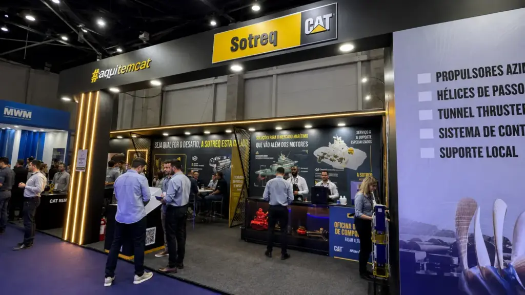 Sotreq leva motor Caterpillar C32B, peças Cat Reman, bateria marítima e sistemas de propulsão diesel-elétrica à Navalshore 2026 no Rio de Janeiro