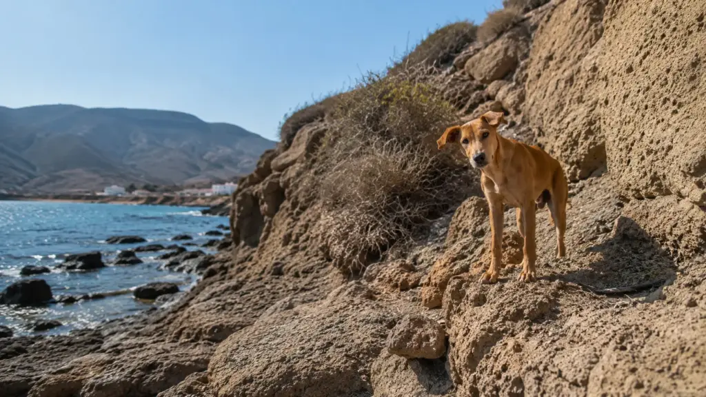 Cão é encontrado desnutrido em enseada quase inacessível de Almería, resgatado quando a água já cobria parte do corpo e agora espera adoção após mobilização de turistas e voluntários na Espanha Cão é encontrado desnutrido em enseada quase inacessível de Almería, resgatado quando a água já cobria parte do corpo e agora espera adoção após mobilização de turistas e voluntários na Espanha