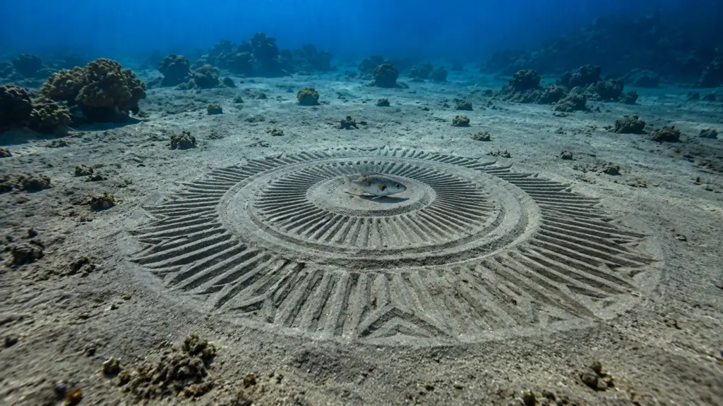 Durante anos, mergulhadores encontraram círculos perfeitos de quase 2 metros no fundo do mar, até cientistas descobrirem que um baiacu de apenas 10 centímetros passava dias construindo tudo para atrair uma fêmea