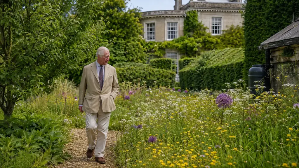 Aos 77 anos, rei Charles III mantém há mais de quatro décadas uma propriedade em Gloucestershire, onde cultiva jardins sem pesticidas químicos, transformou antigo gramado em campo de flores silvestres, reaproveita água da chuva e utiliza energia solar, biomassa e plantas para tratar resíduos