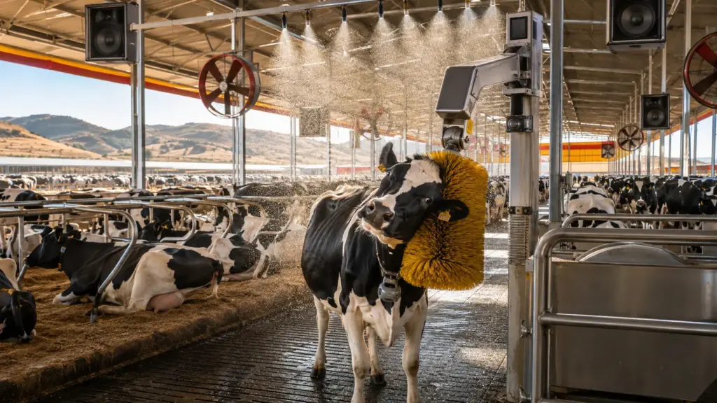 25 mil vacas recebem música, banhos e até equipamentos de conforto em fazendas da Espanha que apostam em uma nova forma de produzir leite 25 mil vacas recebem música, banhos e até equipamentos de conforto em fazendas da Espanha que apostam em uma nova forma de produzir leite