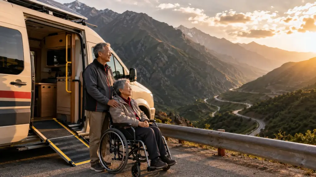Aos 69 anos, ele adaptou uma van para levar a esposa parcialmente paralisada e há mais de uma década os dois percorrem a China juntos