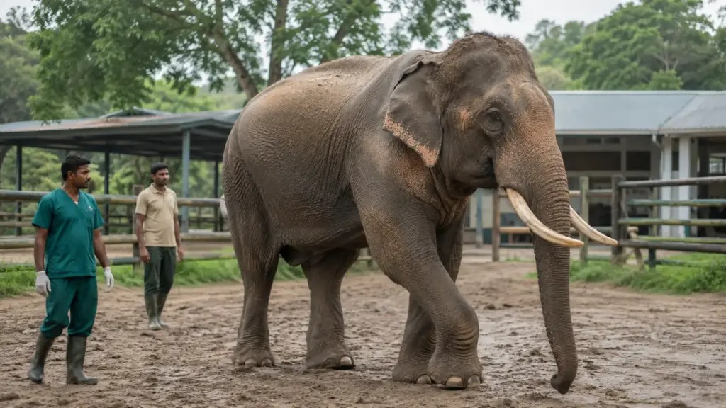 Depois de passar anos caminhando acorrentado para pedir dinheiro, carregar madeira e participar de procissões, elefante Veer, de 26 anos, desenvolveu deformação na articulação dianteira e lesões crônicas nos pés até finalmente ser transferido, em 2026, para um hospital especializado na Índia