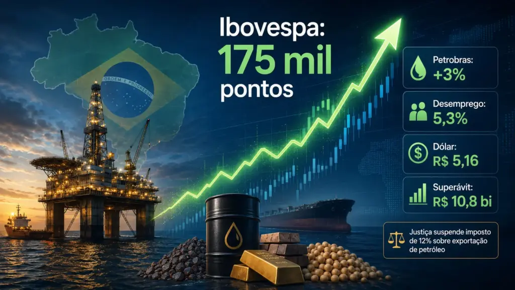 Petrobras sobe mais de 3%, ajuda Ibovespa a recuperar os 175 mil pontos na 7ª alta seguida, enquanto desemprego cai a 5,3%, dólar fecha a R$ 5,16 e Justiça suspende imposto de 12% sobre exportação de petróleo