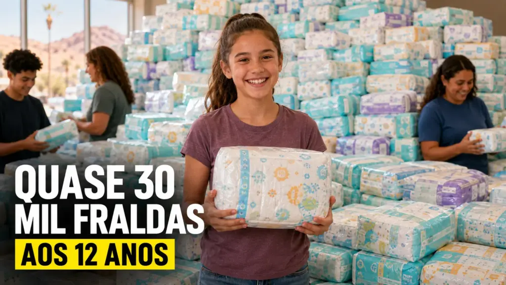 Menina de 12 anos transforma campanha que começou há 5 anos em mobilização comunitária, arrecada quase 30 mil fraldas em 2026 e entrega tudo a famílias que não conseguem comprar um dos itens mais pedidos em banco de doações